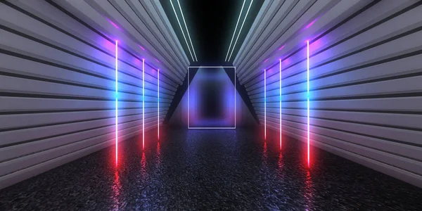 ネオンライトで3D抽象的な背景 ネオントンネル 宇宙建設 3Dイラスト — ストック写真
