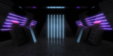 Üç boyutlu soyut arkaplan ve neon ışıkları. Neon tüneli. Uzay inşaatı. 3d illüstrasyon