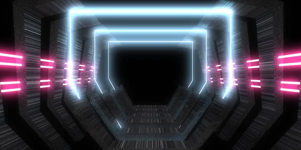 ネオンライトで3D抽象的な背景 ネオントンネル 宇宙建設 3Dイラスト — ストック写真