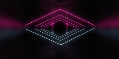 Üç boyutlu soyut arkaplan ve neon ışıkları. Neon tüneli. Uzay inşaatı. 3d illüstrasyon