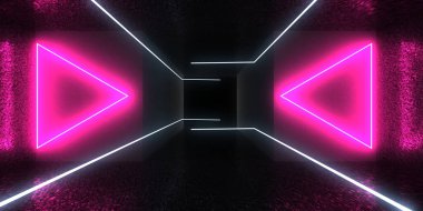 Üç boyutlu soyut arkaplan ve neon ışıkları. Neon tüneli. Uzay inşaatı. 3d illüstrasyon