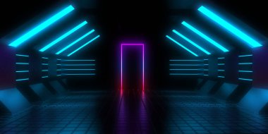 Üç boyutlu soyut arkaplan ve neon ışıkları. Neon tüneli. Uzay inşaatı. 3d illüstrasyon