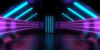 Üç boyutlu soyut arkaplan ve neon ışıkları. Neon tüneli. Uzay inşaatı. 3d illüstrasyon