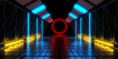 Üç boyutlu soyut arkaplan ve neon ışıkları. Neon tüneli. Uzay inşaatı. 3d illüstrasyon