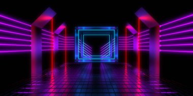 Üç boyutlu soyut arkaplan ve neon ışıkları. Neon tüneli. Uzay inşaatı. 3d illüstrasyon