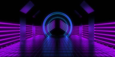Üç boyutlu soyut arkaplan ve neon ışıkları. Neon tüneli. Uzay inşaatı. 3d illüstrasyon