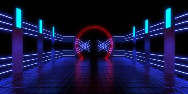 Üç boyutlu soyut arkaplan ve neon ışıkları. Neon tüneli. Uzay inşaatı. 3d illüstrasyon