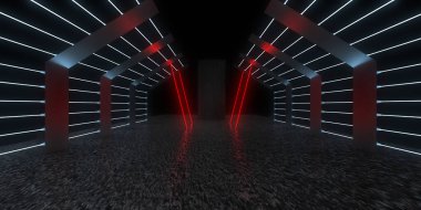 Üç boyutlu soyut arkaplan ve neon ışıkları. Neon tüneli. Uzay inşaatı. 3d illüstrasyon