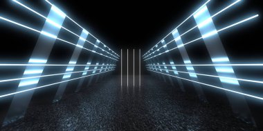 Üç boyutlu soyut arkaplan ve neon ışıkları. Neon tüneli. Uzay inşaatı. 3d illüstrasyon
