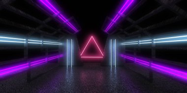 Üç boyutlu soyut arkaplan ve neon ışıkları. Neon tüneli. Uzay inşaatı. 3d illüstrasyon