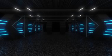 Üç boyutlu soyut arkaplan ve neon ışıkları. Neon tüneli. Uzay inşaatı. 3d illüstrasyon