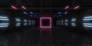 Üç boyutlu soyut arkaplan ve neon ışıkları. Neon tüneli. Uzay inşaatı. 3d illüstrasyon