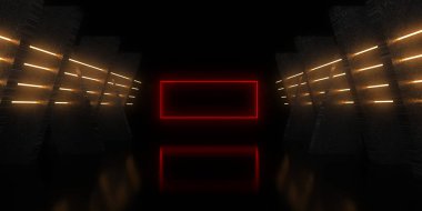 Üç boyutlu soyut arkaplan ve neon ışıkları. Neon tüneli. Uzay inşaatı. 3d illüstrasyon