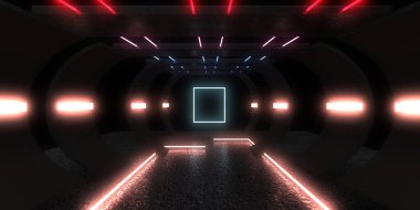 Üç boyutlu soyut arkaplan ve neon ışıkları. Neon tüneli. Uzay inşaatı. 3d illüstrasyon