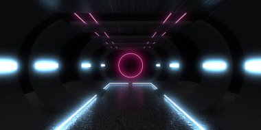 Üç boyutlu soyut arkaplan ve neon ışıkları. Neon tüneli. Uzay inşaatı. 3d illüstrasyon