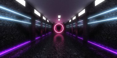 Üç boyutlu soyut arkaplan ve neon ışıkları. Neon tüneli. Uzay inşaatı. 3d illüstrasyon
