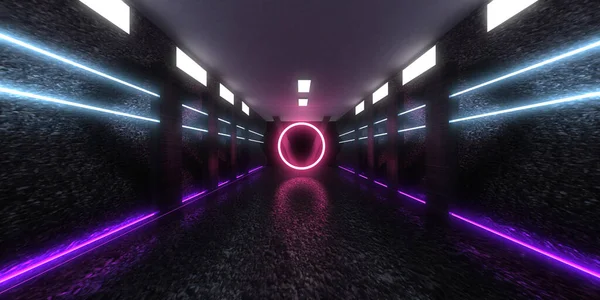 Sfondo Astratto Con Luci Neon Costruzione Tunnel Neon Space Illustrazione — Foto Stock