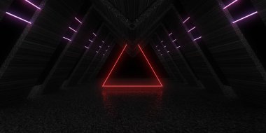 Üç boyutlu soyut arkaplan ve neon ışıkları. Neon tüneli. Uzay inşaatı. 3d illüstrasyon