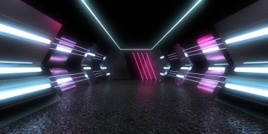 Üç boyutlu soyut arkaplan ve neon ışıkları. Neon tüneli. Uzay inşaatı. 3d illüstrasyon