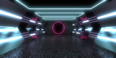 Üç boyutlu soyut arkaplan ve neon ışıkları. Neon tüneli. Uzay inşaatı. 3d illüstrasyon
