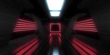 Üç boyutlu soyut arkaplan ve neon ışıkları. Neon tüneli. Uzay inşaatı. 3d illüstrasyon