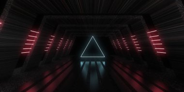 Üç boyutlu soyut arkaplan ve neon ışıkları. Neon tüneli. Uzay inşaatı. 3d illüstrasyon