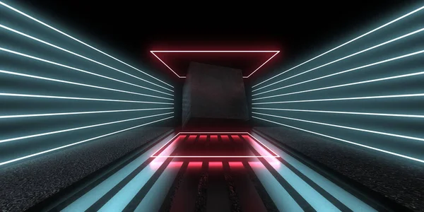 Abstrakter Hintergrund Mit Neonlicht Neon Tunnel Space Bau Cube Illustration — Stockfoto