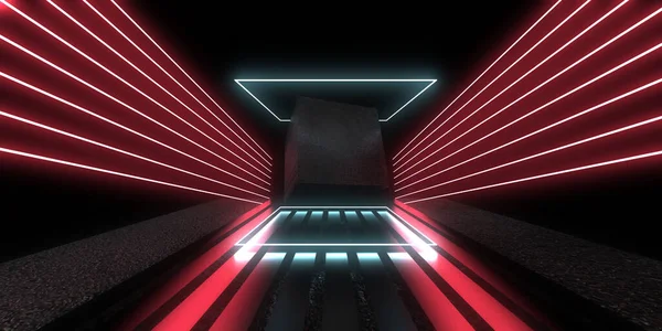 Abstraktní Pozadí Neonovými Světly Neonový Tunel Space Konstrukce Kostka Ilustrace — Stock fotografie