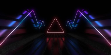 Üç boyutlu soyut arkaplan ve neon ışıkları. Neon tüneli. Uzay inşaatı. 3d illüstrasyon