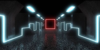 Üç boyutlu soyut arkaplan ve neon ışıkları. Neon tüneli. Uzay inşaatı. 3d illüstrasyon