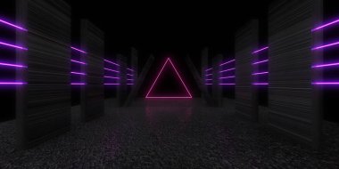 Üç boyutlu soyut arkaplan ve neon ışıkları. Neon tüneli. Uzay inşaatı. 3d illüstrasyon