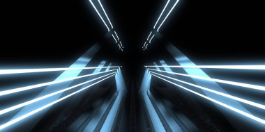 Üç boyutlu soyut arkaplan ve neon ışıkları. Neon tüneli. Uzay inşaatı. 3d illüstrasyon