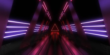 Üç boyutlu soyut arkaplan ve neon ışıkları. Neon tüneli. Uzay inşaatı. 3d illüstrasyon