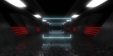 Üç boyutlu soyut arkaplan ve neon ışıkları. Neon tüneli. Uzay inşaatı. 3d illüstrasyon