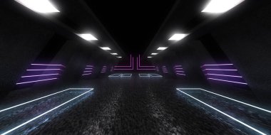 Üç boyutlu soyut arkaplan ve neon ışıkları. Neon tüneli. Uzay inşaatı. 3d illüstrasyon