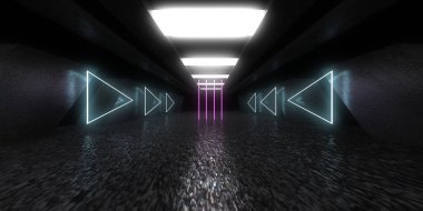 Üç boyutlu soyut arkaplan ve neon ışıkları. Neon tüneli. Uzay inşaatı. 3d illüstrasyon
