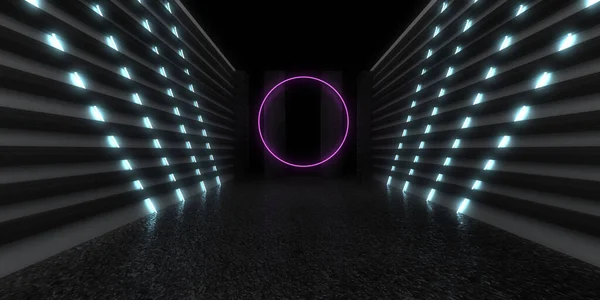 Sfondo Astratto Con Luci Neon Costruzione Tunnel Neon Space Illustrazione — Foto Stock