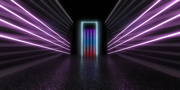 Fundo Abstrato Com Luzes Néon Neon Túnel Space Construção Ilustração — Fotografia de Stock