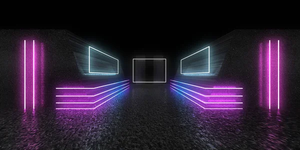 Fundo Abstrato Com Luzes Néon Neon Túnel Space Construção Ilustração — Fotografia de Stock