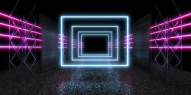 Üç boyutlu soyut arkaplan ve neon ışıkları. Neon tüneli. Uzay inşaatı. 3d illüstrasyon