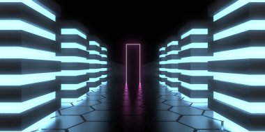 Üç boyutlu soyut arkaplan ve neon ışıkları. Uzay inşaatı. 3d illüstrasyon