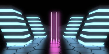 Üç boyutlu soyut arkaplan ve neon ışıkları. Uzay inşaatı. 3d illüstrasyon