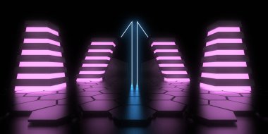 Üç boyutlu soyut arkaplan ve neon ışıkları. Uzay inşaatı. 3d illüstrasyon