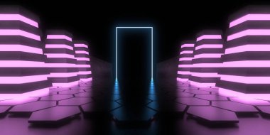 Üç boyutlu soyut arkaplan ve neon ışıkları. Uzay inşaatı. 3d illüstrasyon