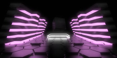 Üç boyutlu soyut arkaplan ve neon ışıkları. Uzay inşaatı. 3d illüstrasyon