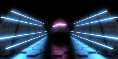 Üç boyutlu soyut arkaplan ve neon ışıkları. Uzay inşaatı. 3d illüstrasyon