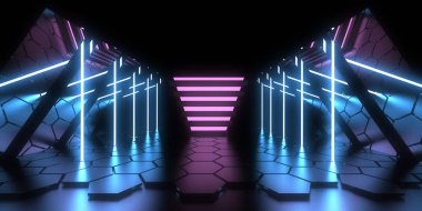 Üç boyutlu soyut arkaplan ve neon ışıkları. Uzay inşaatı. 3d illüstrasyon