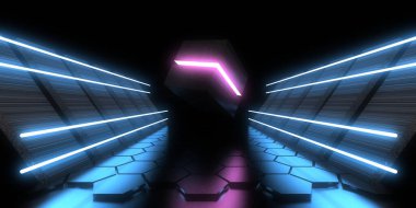 Üç boyutlu soyut arkaplan ve neon ışıkları. Uzay inşaatı. 3d illüstrasyon