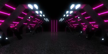 Üç boyutlu soyut arkaplan ve neon ışıkları. Neon tüneli. Uzay inşaatı. 3d illüstrasyon