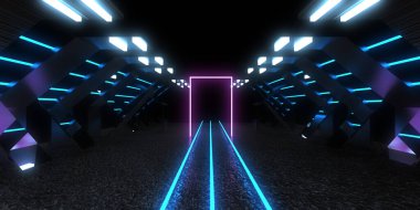Üç boyutlu soyut arkaplan ve neon ışıkları. Neon tüneli. Uzay inşaatı. 3d illüstrasyon